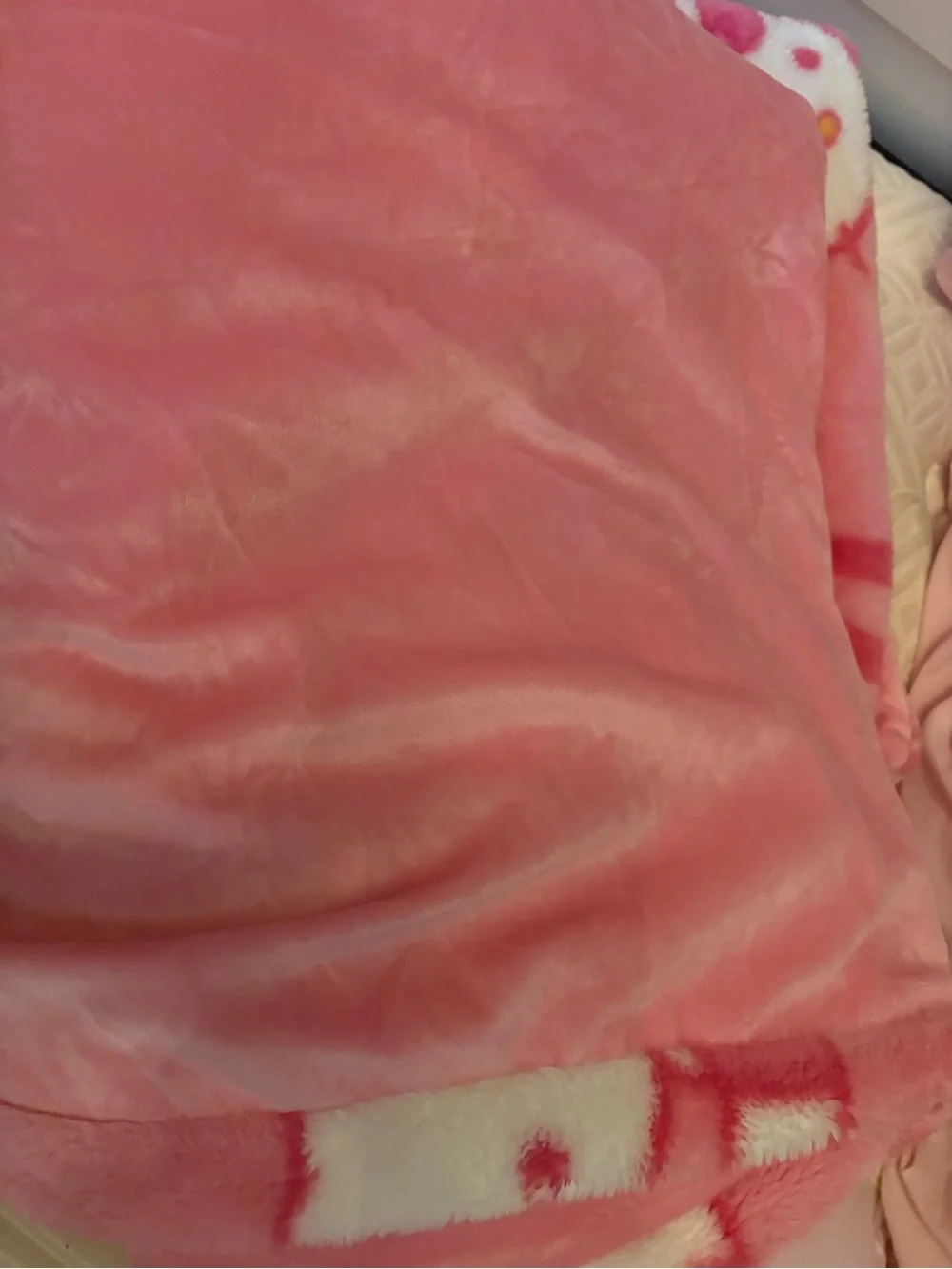 Hello Kitty Pink and White Plush Throw Blanket with Bow Motif
